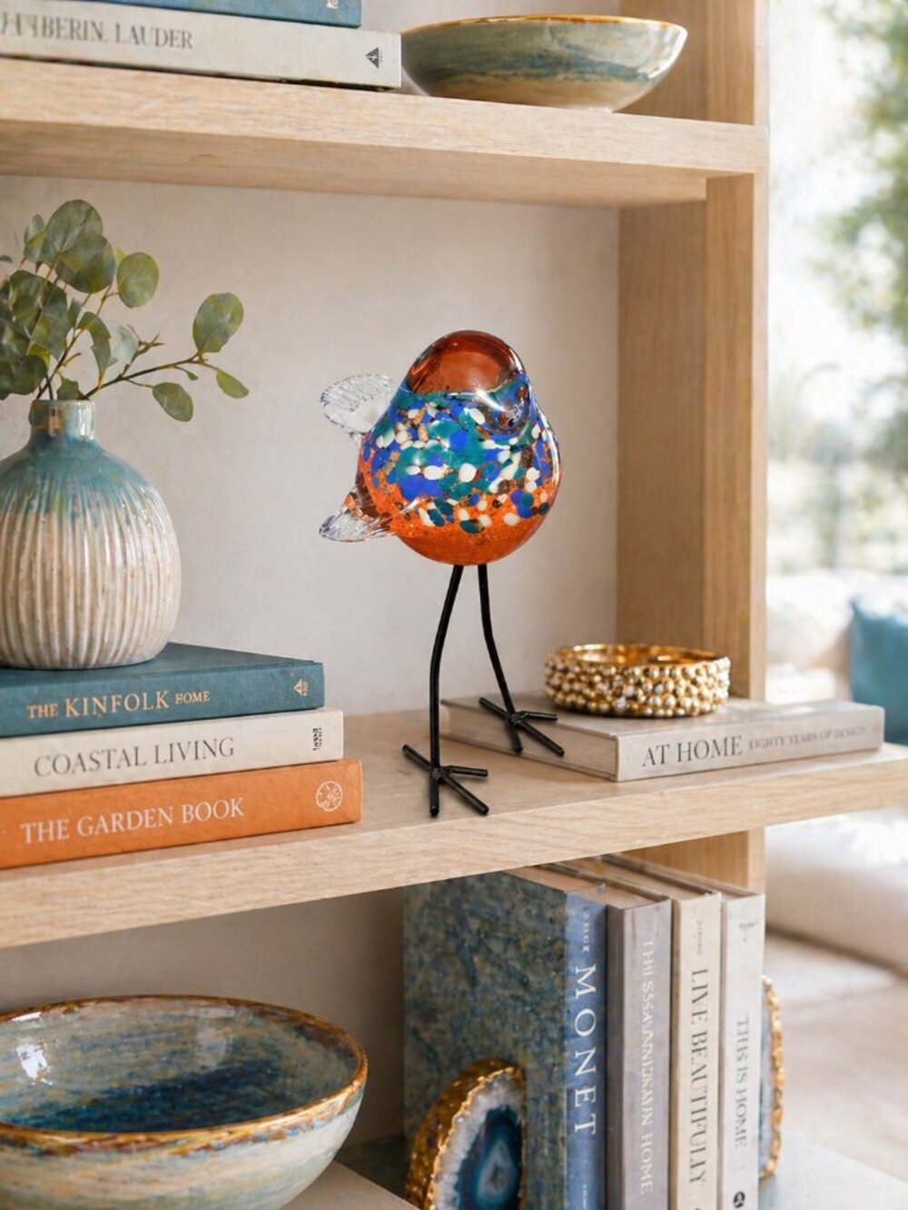 Colorful Glass Bird Shelf Decor Accent